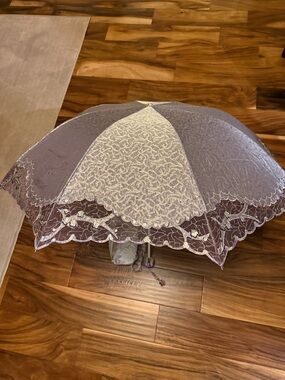 Vintage Brand New Lace Canopy Parasol in Lavender and Cream Colour Umbrella